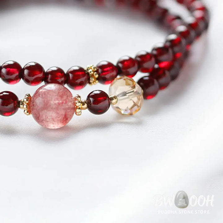 Buddha Stones 14K Gold Plated Natural Garnet Strawberry Quartz Stability Double Wrap Bracelet - BWOOOH