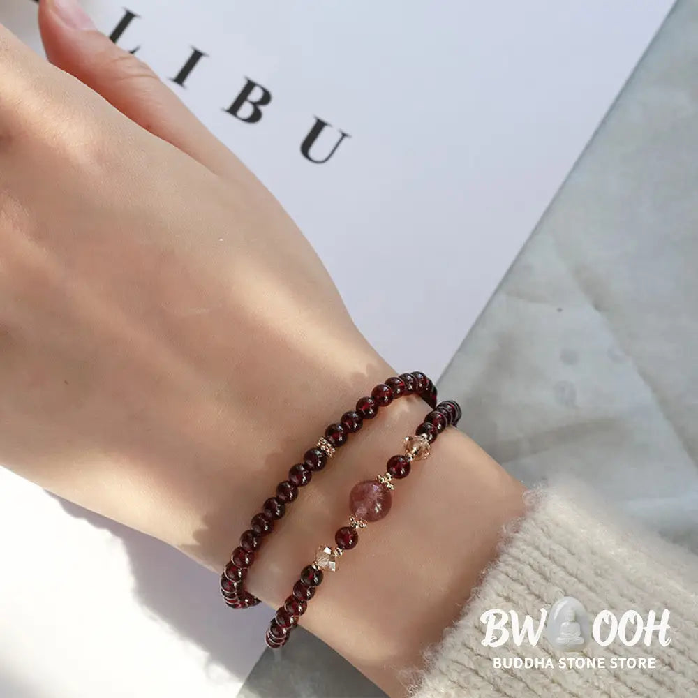 Buddha Stones 14K Gold Plated Natural Garnet Strawberry Quartz Stability Double Wrap Bracelet - BWOOOH