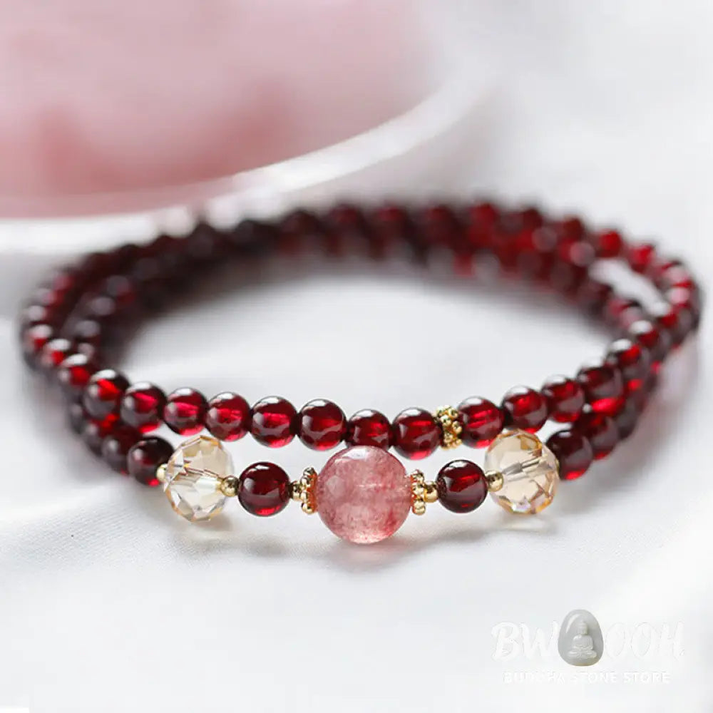 Buddha Stones 14K Gold Plated Natural Garnet Strawberry Quartz Stability Double Wrap Bracelet - BWOOOH