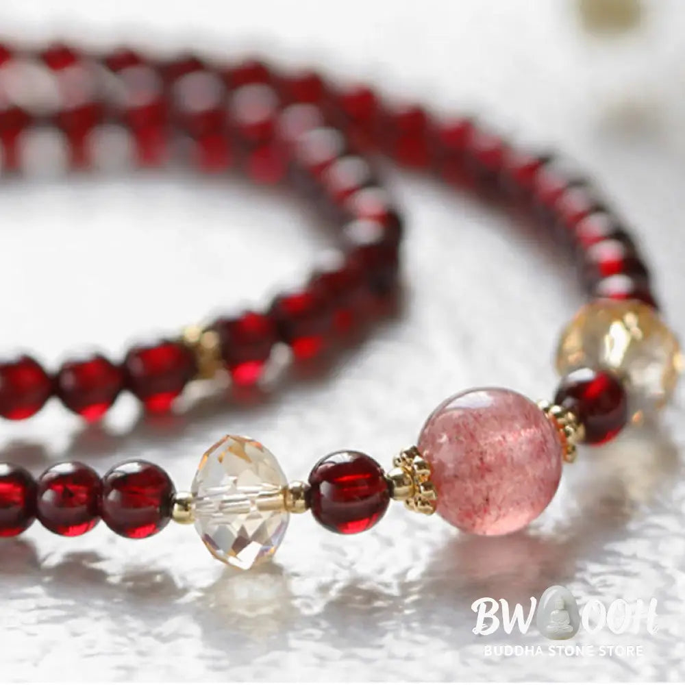 Buddha Stones 14K Gold Plated Natural Garnet Strawberry Quartz Stability Double Wrap Bracelet - BWOOOH