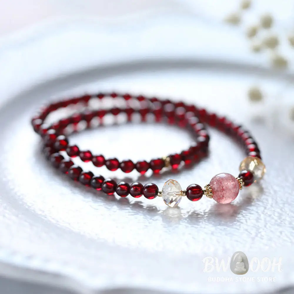 Buddha Stones 14K Gold Plated Natural Garnet Strawberry Quartz Stability Double Wrap Bracelet - BWOOOH