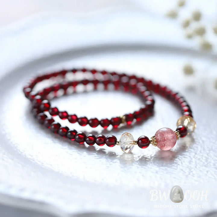 Buddha Stones 14K Gold Plated Natural Garnet Strawberry Quartz Stability Double Wrap Bracelet - BWOOOH