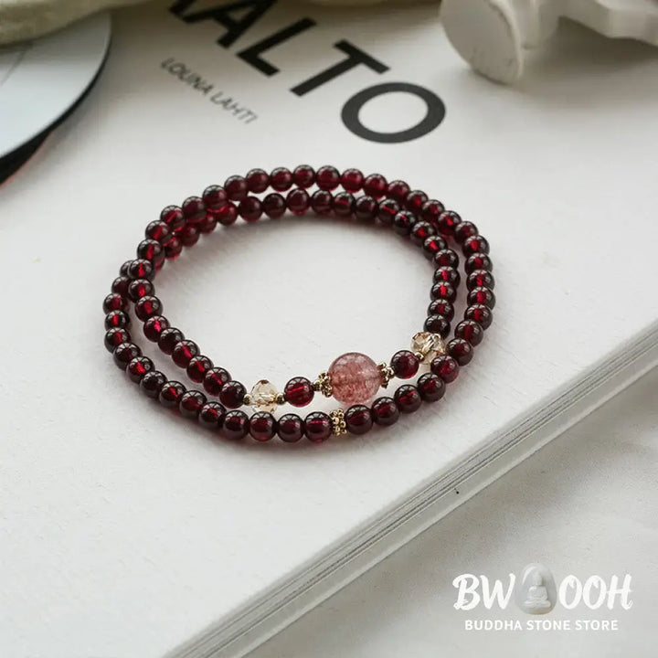 Buddha Stones 14K Gold Plated Natural Garnet Strawberry Quartz Stability Double Wrap Bracelet - BWOOOH