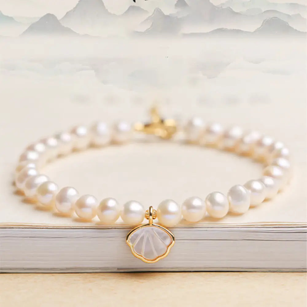 BWOOOH 14k gold plated natural pearl crystal shell charm bracelet