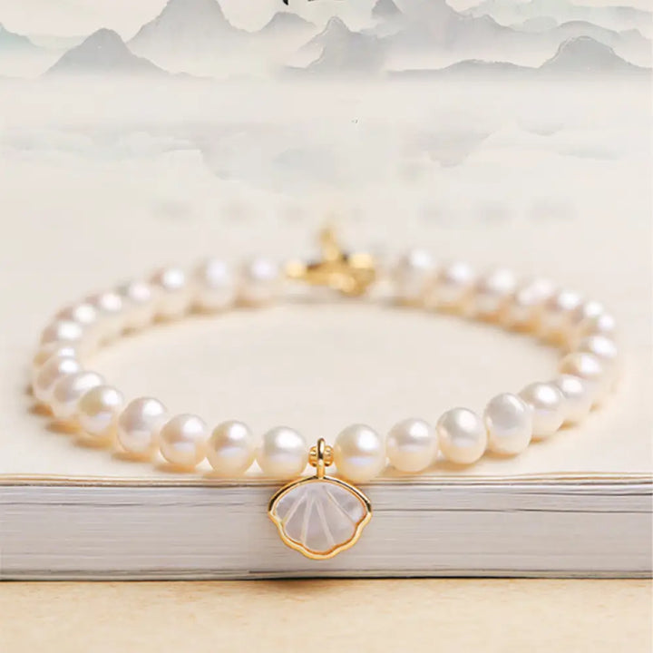 BWOOOH 14k gold plated natural pearl crystal shell charm bracelet