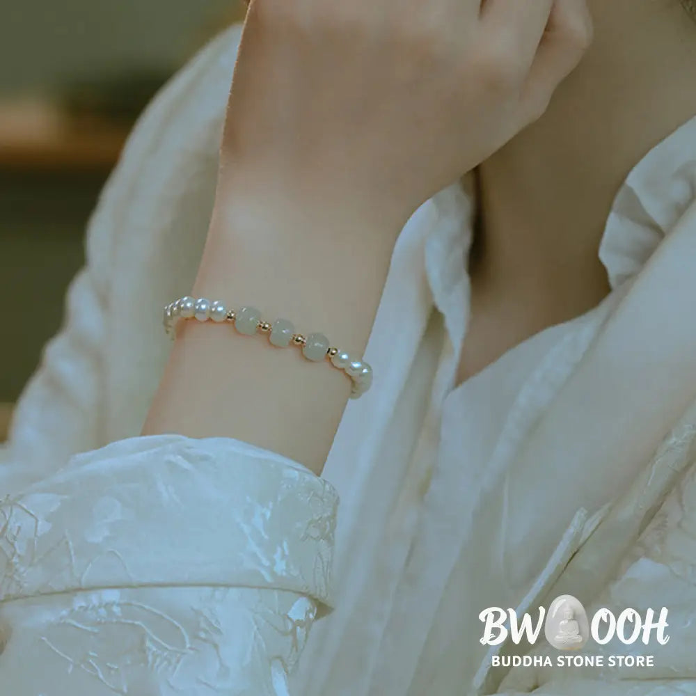 BWOOOH 14K Gold Plated Natural Pearl Hetian Cyan Jade White Jade Sincerity Bead Chain B | spiritual healing bracelet