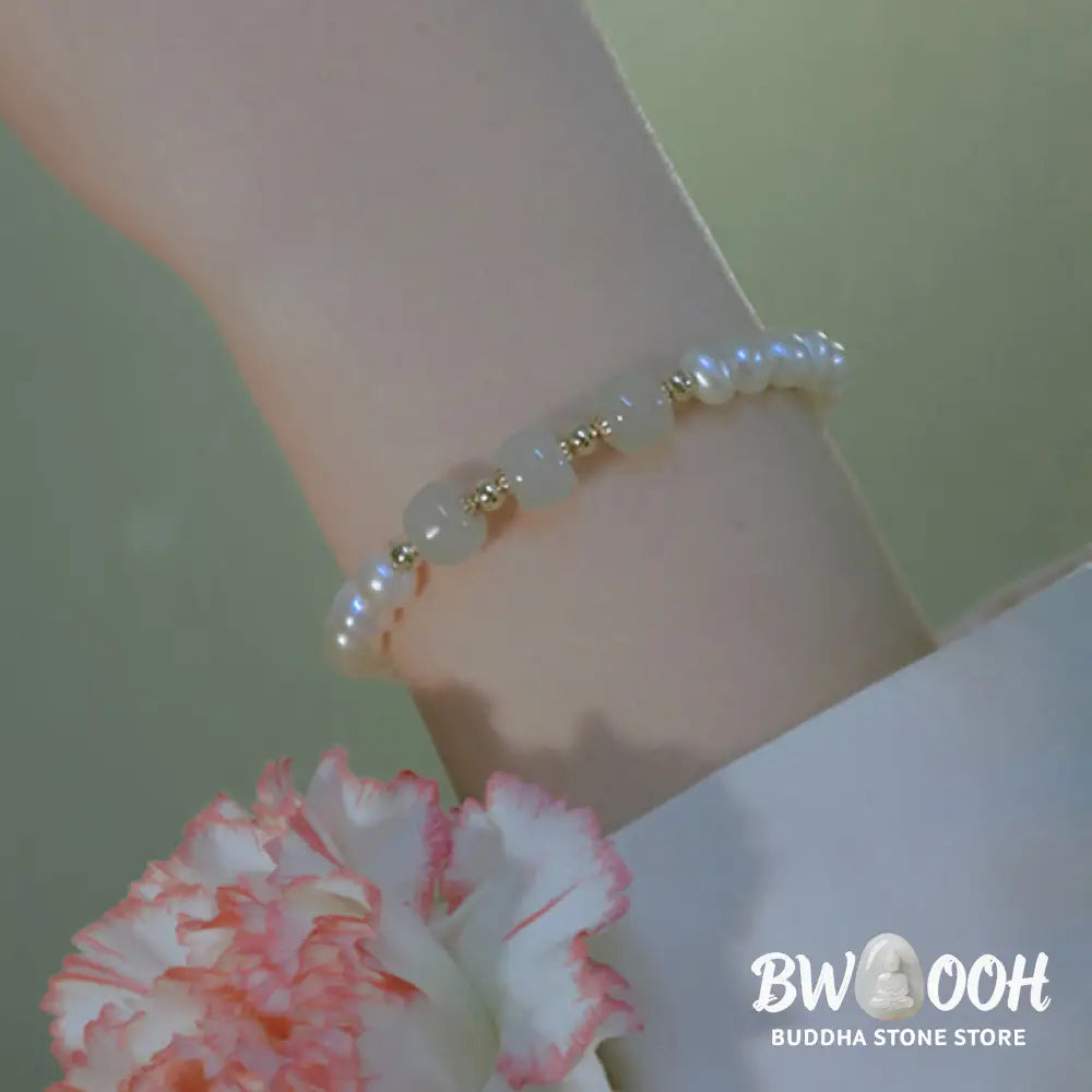 BWOOOH 14K Gold Plated Natural Pearl Hetian Cyan Jade White Jade Sincerity Bead Chain B | spiritual healing bracelet