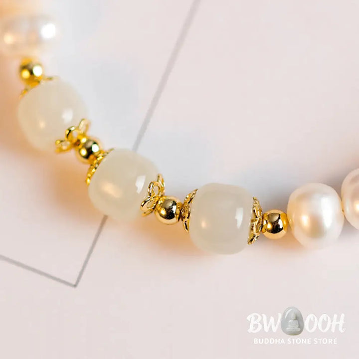 BWOOOH 14K Gold Plated Natural Pearl Hetian Cyan Jade White Jade Sincerity Bead Chain B | spiritual healing bracelet
