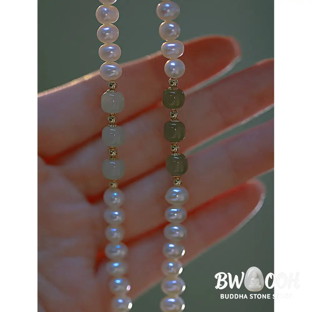 BWOOOH 14K Gold Plated Natural Pearl Hetian Cyan Jade White Jade Sincerity Bead Chain B | spiritual healing bracelet