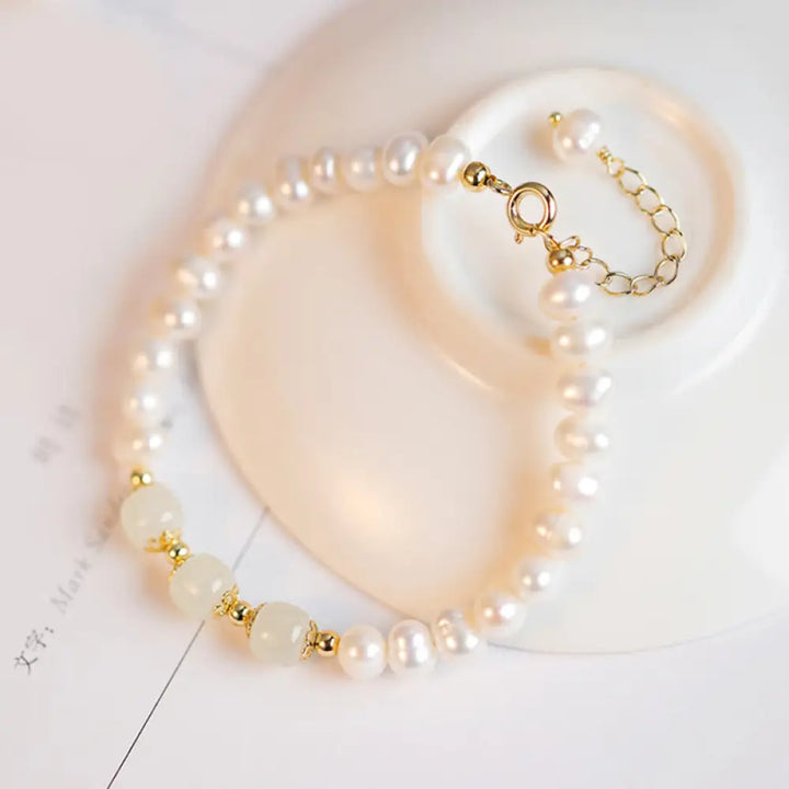 BWOOOH 14K Gold Plated Natural Pearl Hetian Cyan Jade White Jade Sincerity Bead Chain Bracelet - White