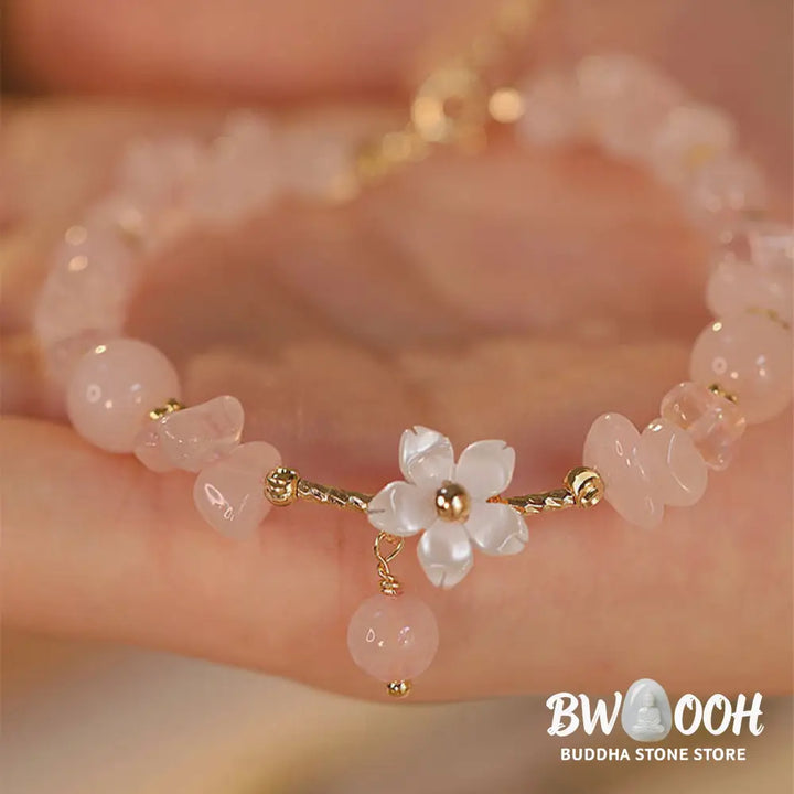 Buddha Stones 14k Gold Plated Natural Pink Crystal Flower Love Bracelet - BWOOOH - Pink Crystal(Soothing♥Warmth)(Wrist