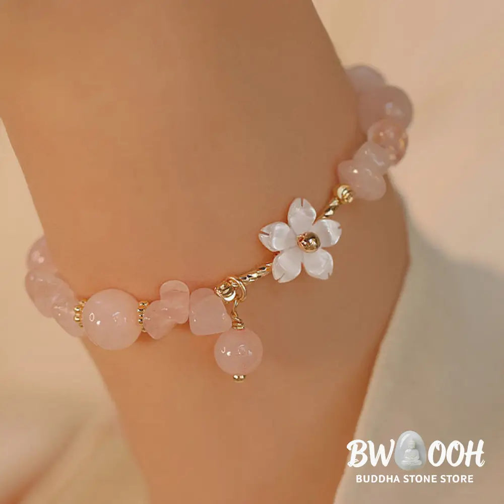 Buddha Stones 14k Gold Plated Natural Pink Crystal Flower Love Bracelet - BWOOOH - Pink Crystal(Soothing♥Warmth)(Wrist