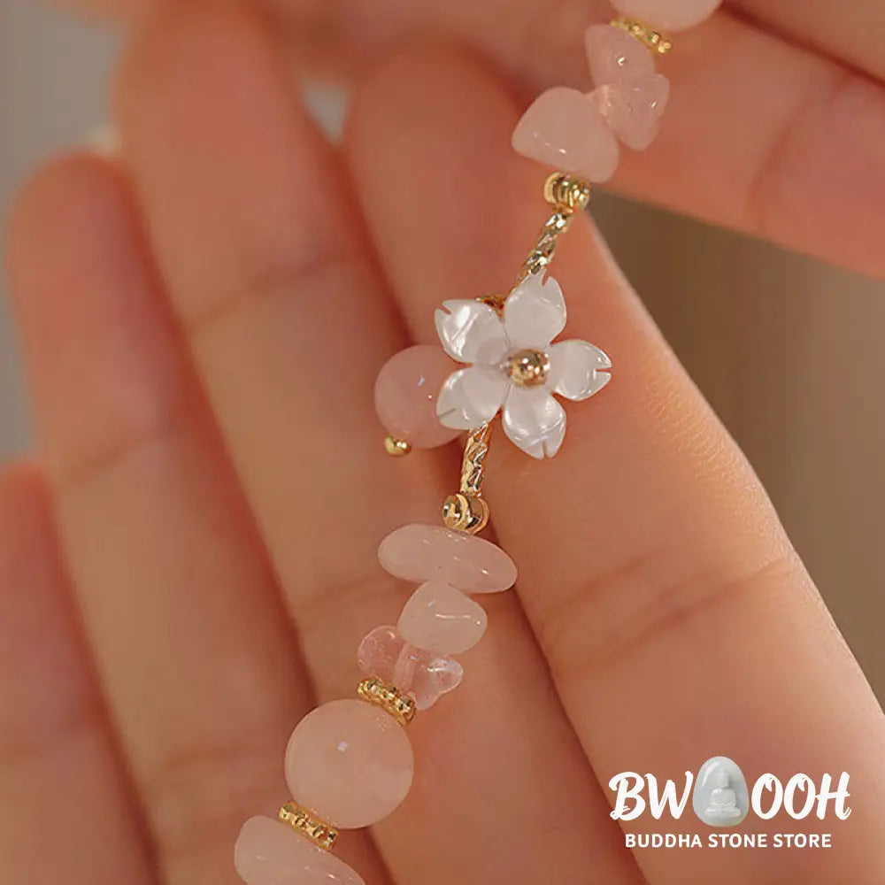 Buddha Stones 14k Gold Plated Natural Pink Crystal Flower Love Bracelet - BWOOOH - Pink Crystal(Soothing♥Warmth)(Wrist
