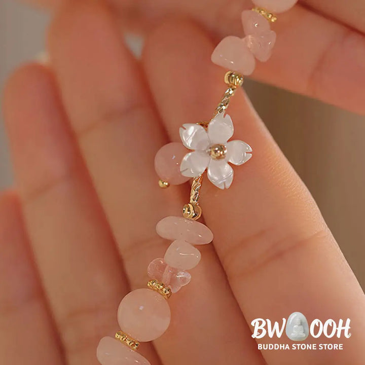 Buddha Stones 14k Gold Plated Natural Pink Crystal Flower Love Bracelet - BWOOOH - Pink Crystal(Soothing♥Warmth)(Wrist