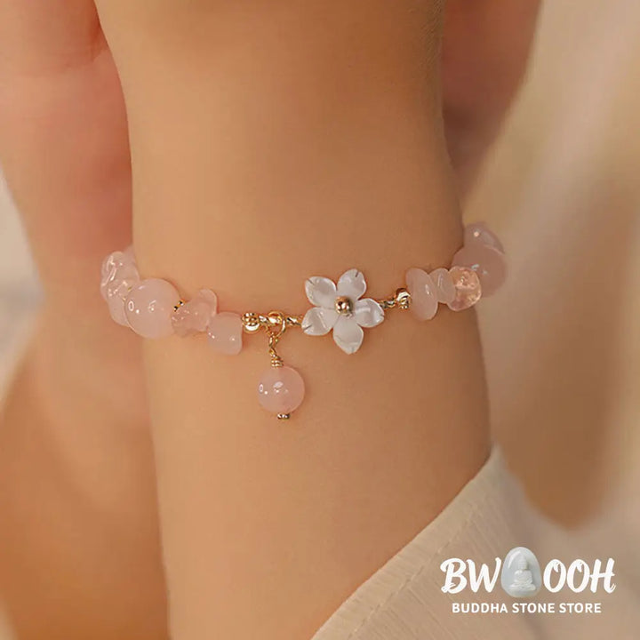 Buddha Stones 14k Gold Plated Natural Pink Crystal Flower Love Bracelet - BWOOOH - Pink Crystal(Soothing♥Warmth)(Wrist