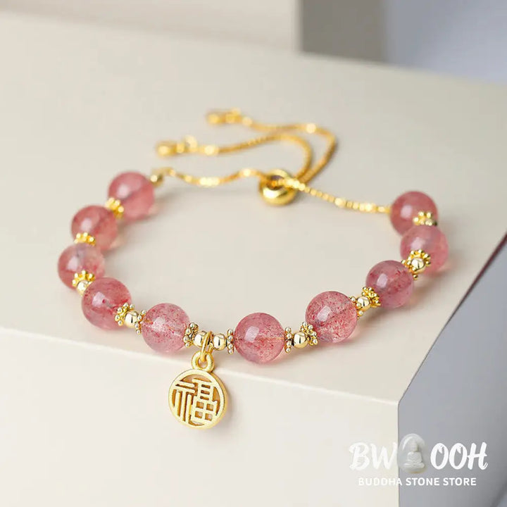 Buddha Stones 14K Gold Plated Natural Strawberry Quartz Fu Character Positive Charm Bracelet - BWOOOH - Strawberry