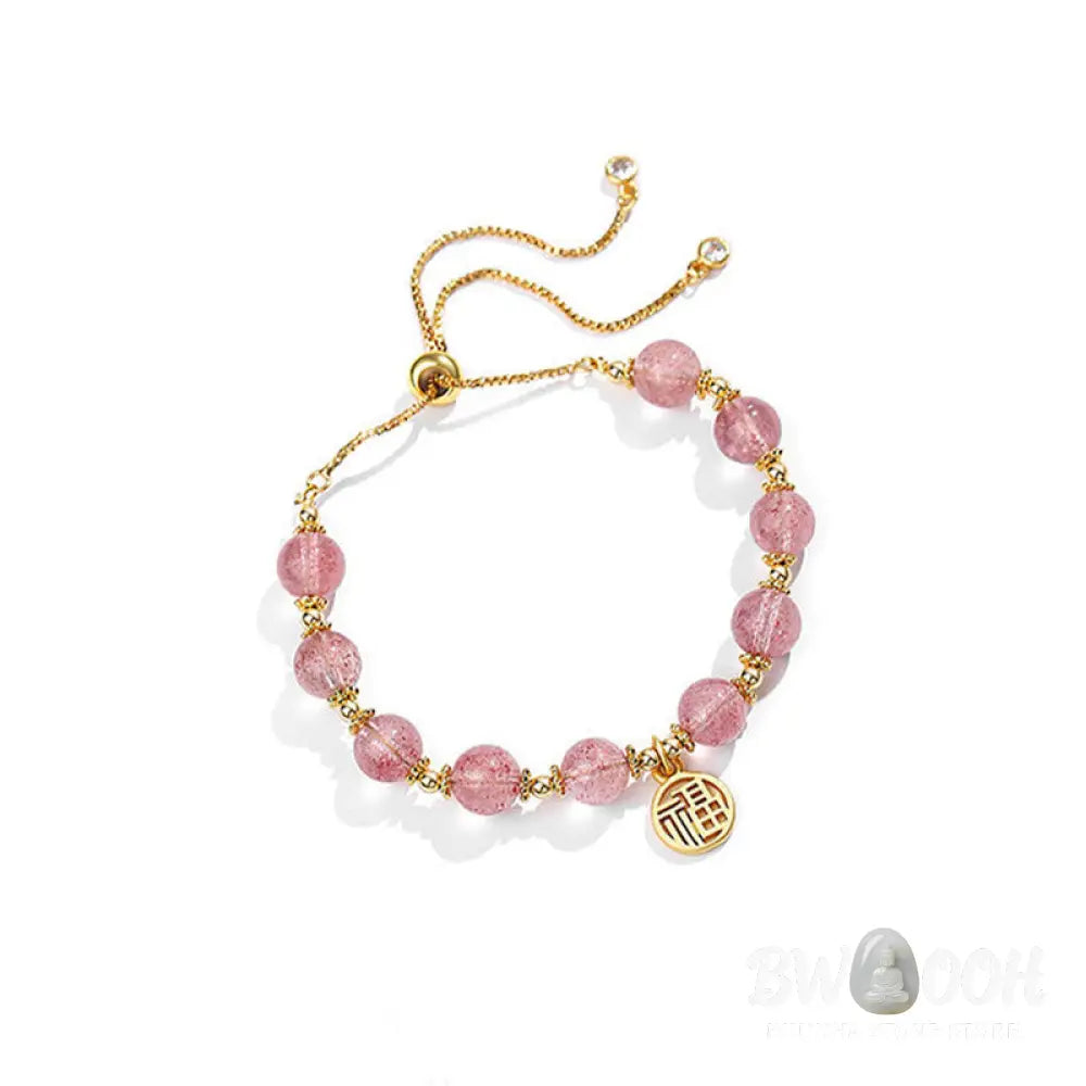 Buddha Stones 14K Gold Plated Natural Strawberry Quartz Fu Character Positive Charm Bracelet - BWOOOH - Strawberry