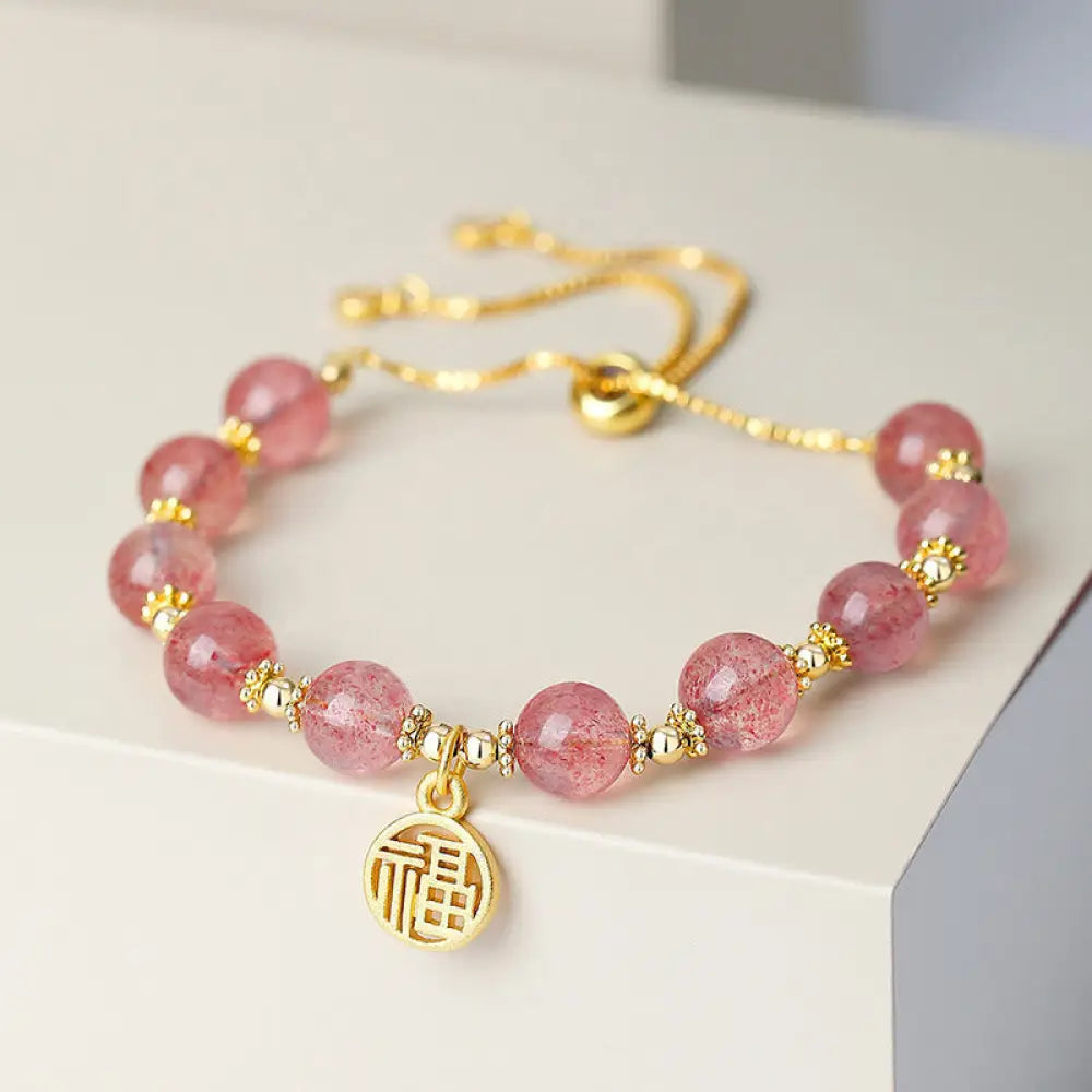 BWOOOH 14K Gold Plated Natural Strawberry Quartz Fu Character Positive Charm Bracelet - BWOOOH - Strawberry