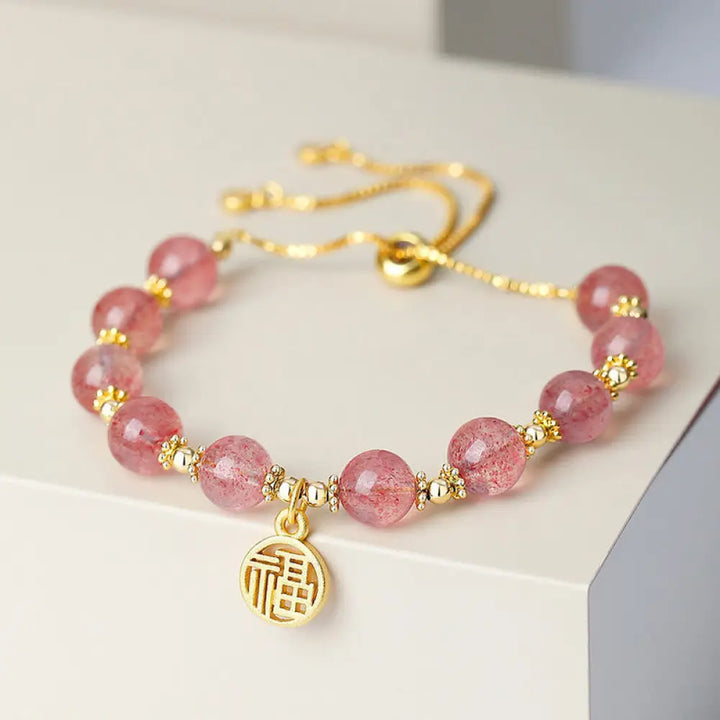 BWOOOH 14K Gold Plated Natural Strawberry Quartz Fu Character Positive Charm Bracelet - BWOOOH - Strawberry