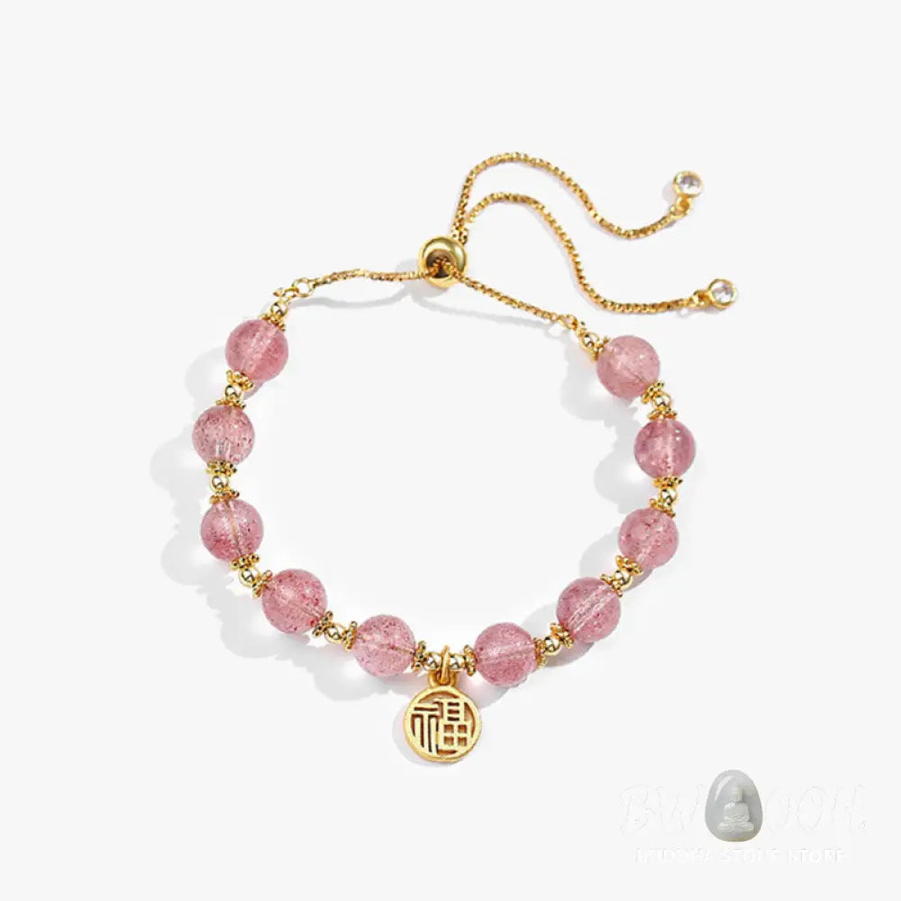 Buddha Stones 14K Gold Plated Natural Strawberry Quartz Fu Character Positive Charm Bracelet - BWOOOH - Strawberry