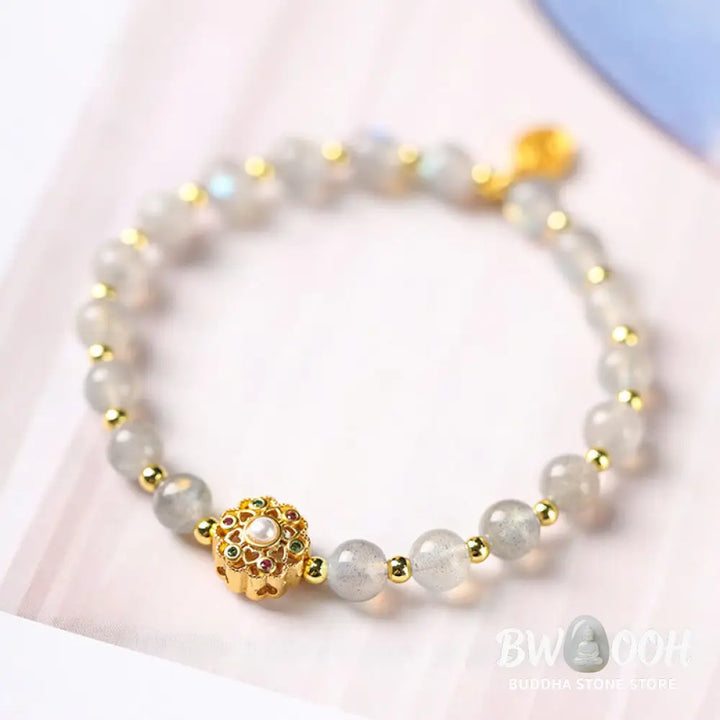 Buddha Stones 14K Gold Plated Natural Strawberry Quartz Labradorite Sun Stone Fu Character Positive Charm Bracelet