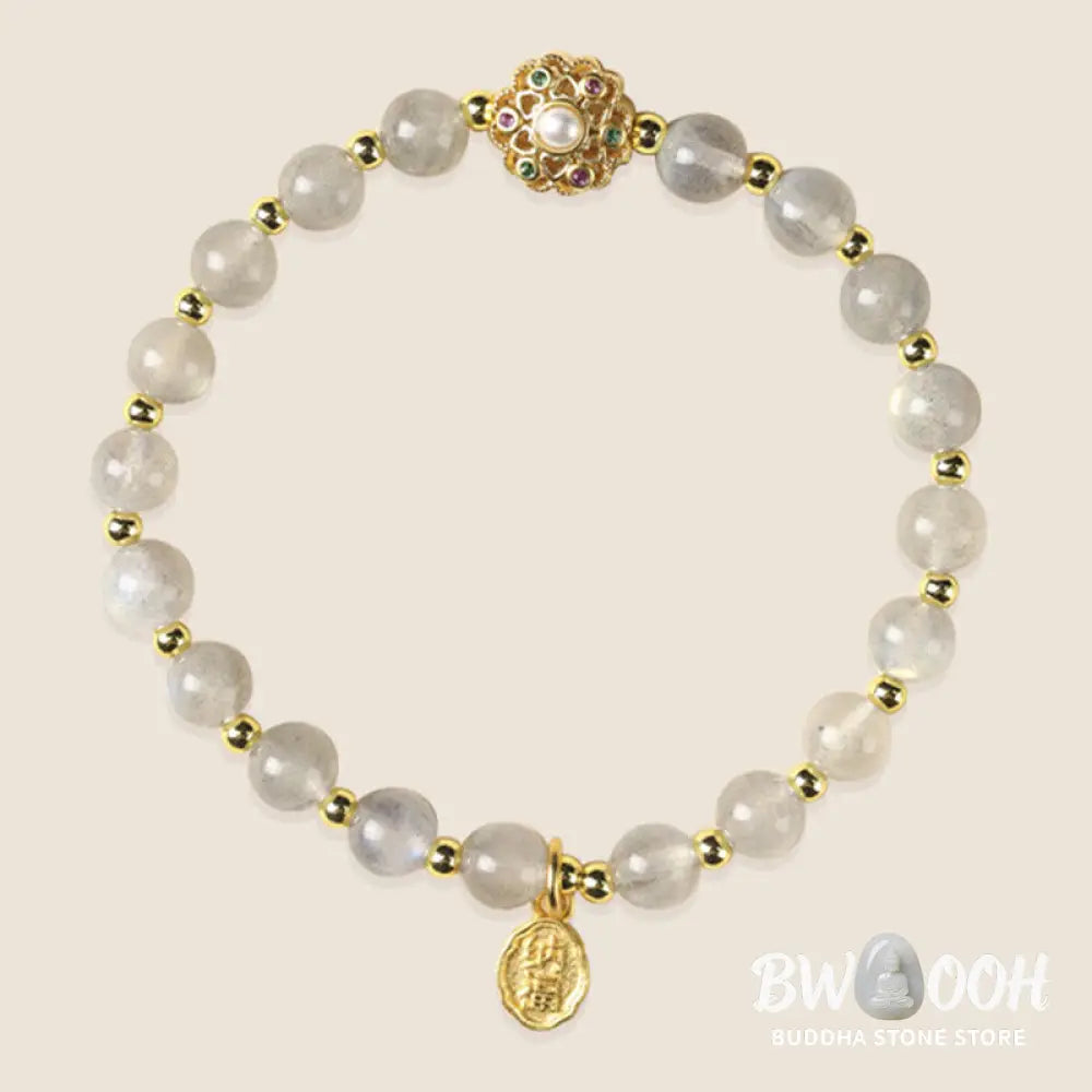 Buddha Stones 14K Gold Plated Natural Strawberry Quartz Labradorite Sun Stone Fu Character Positive Charm Bracelet