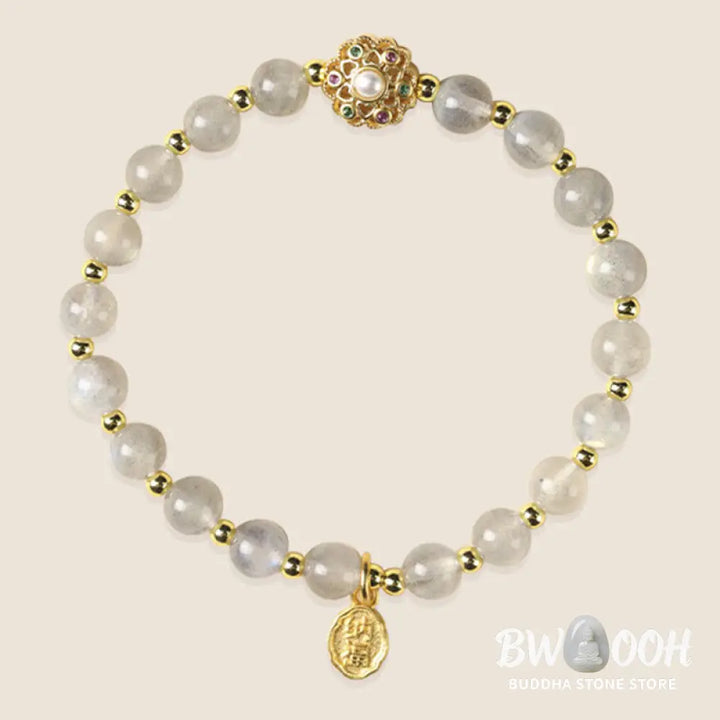 Buddha Stones 14K Gold Plated Natural Strawberry Quartz Labradorite Sun Stone Fu Character Positive Charm Bracelet