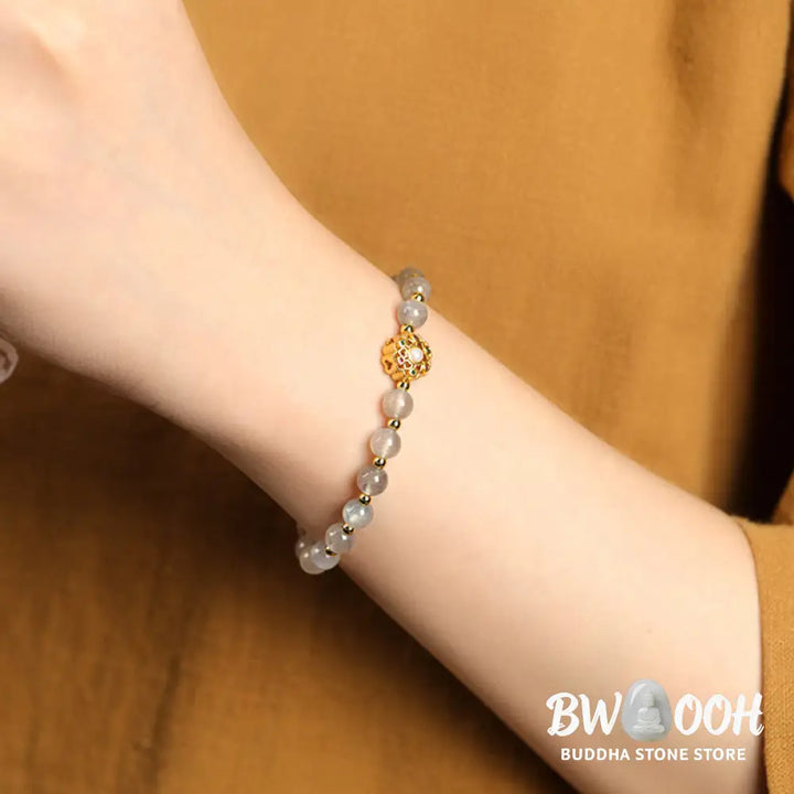 Buddha Stones 14K Gold Plated Natural Strawberry Quartz Labradorite Sun Stone Fu Character Positive Charm Bracelet