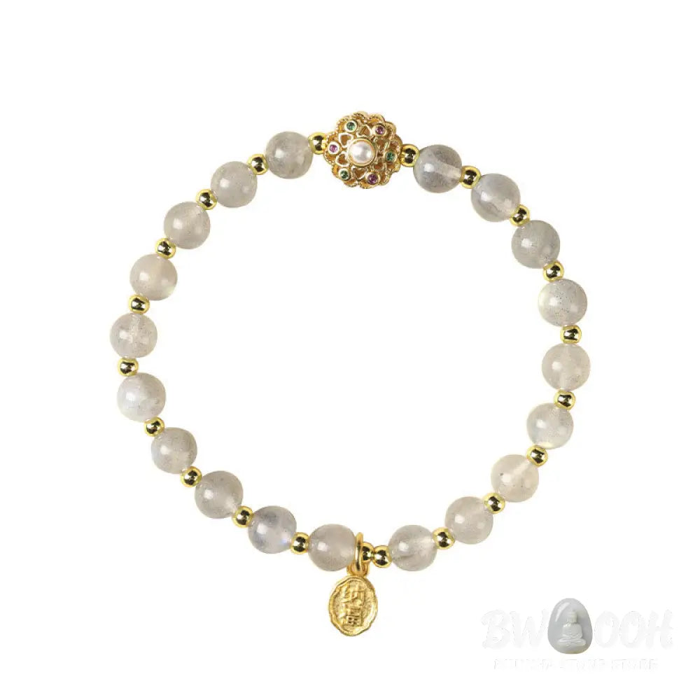 Buddha Stones 14K Gold Plated Natural Strawberry Quartz Labradorite Sun Stone Fu Character Positive Charm Bracelet