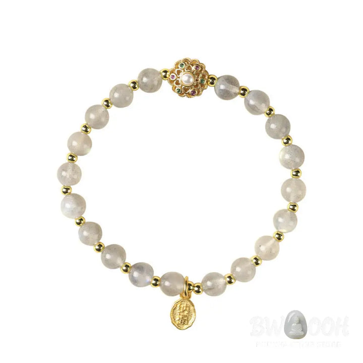 Buddha Stones 14K Gold Plated Natural Strawberry Quartz Labradorite Sun Stone Fu Character Positive Charm Bracelet