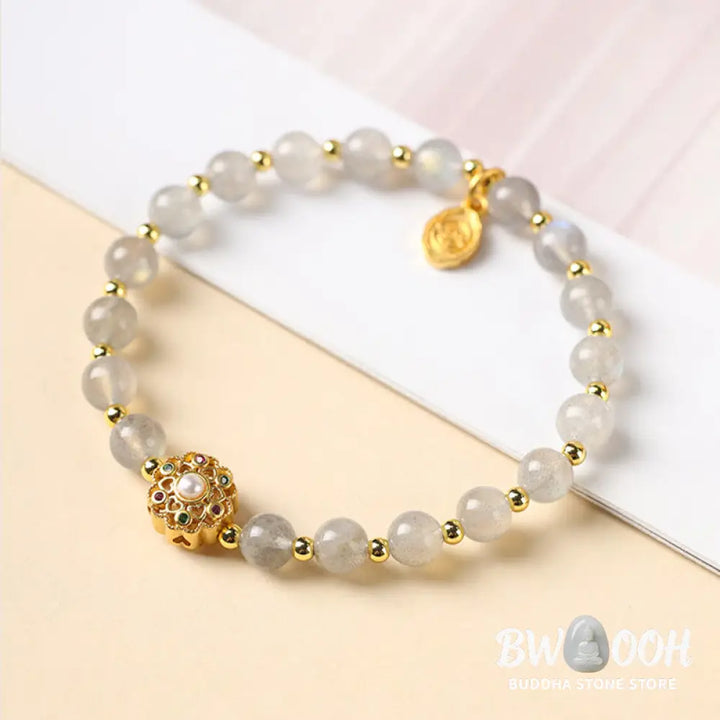 Buddha Stones 14K Gold Plated Natural Strawberry Quartz Labradorite Sun Stone Fu Character Positive Charm Bracelet