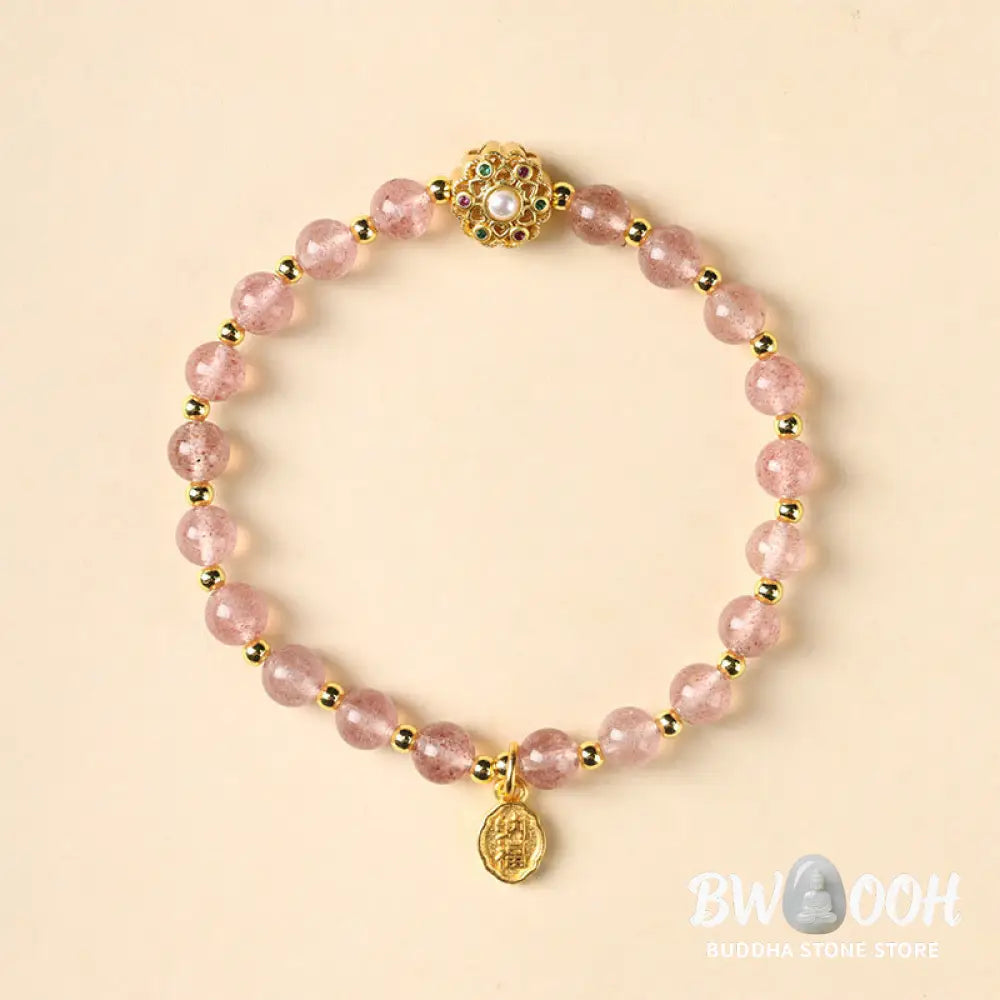 Buddha Stones 14K Gold Plated Natural Strawberry Quartz Labradorite Sun Stone Fu Character Positive Charm Bracelet