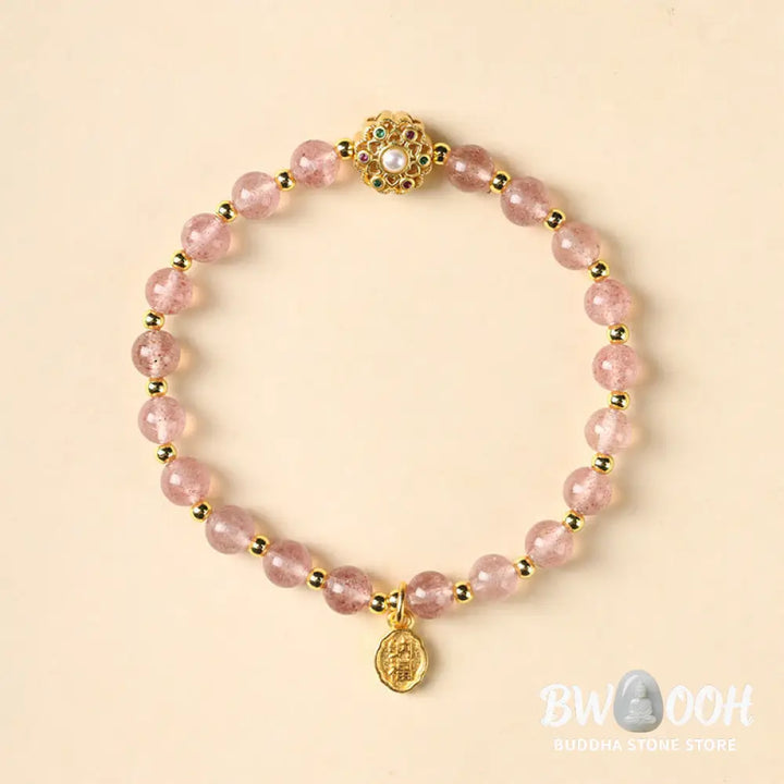 Buddha Stones 14K Gold Plated Natural Strawberry Quartz Labradorite Sun Stone Fu Character Positive Charm Bracelet