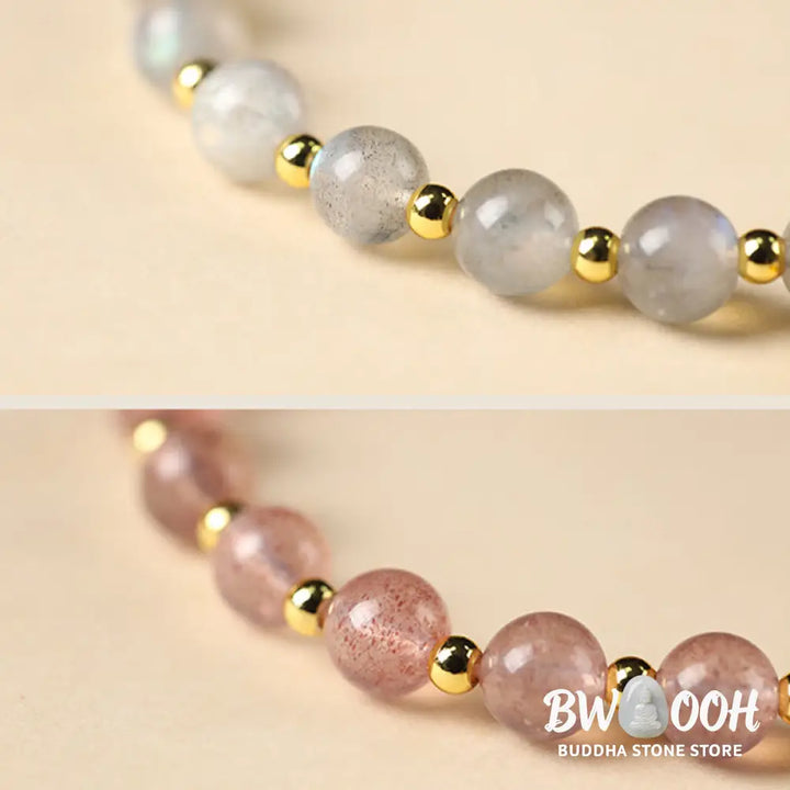 Buddha Stones 14K Gold Plated Natural Strawberry Quartz Labradorite Sun Stone Fu Character Positive Charm Bracelet