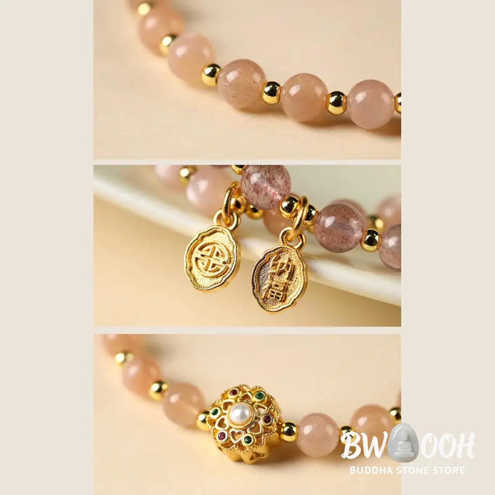 Buddha Stones 14K Gold Plated Natural Strawberry Quartz Labradorite Sun Stone Fu Character Positive Charm Bracelet