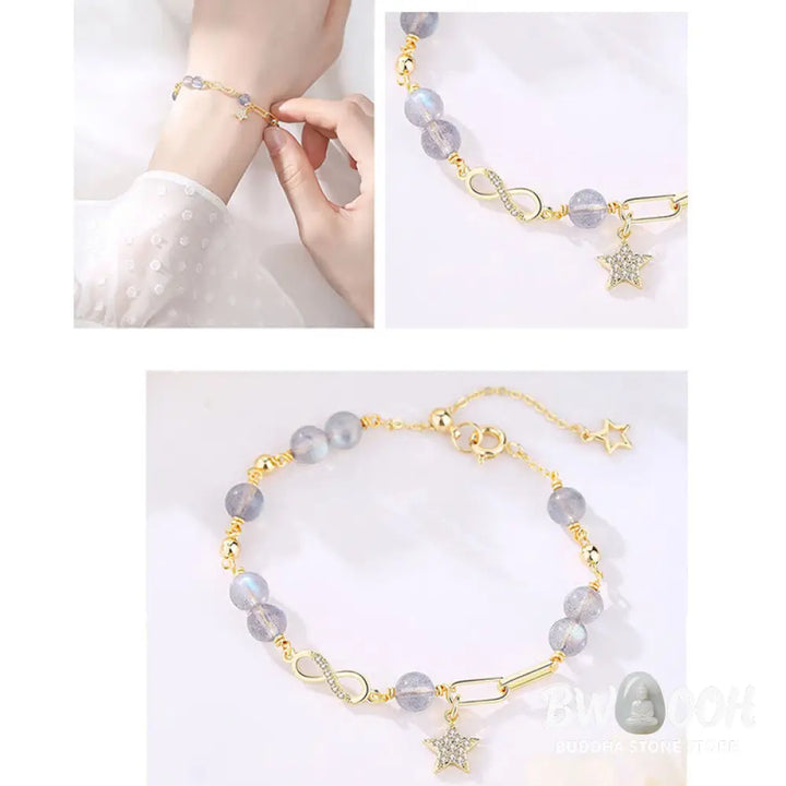 BWOOOH 14K Gold Plated Natural Strawberry Quartz Moonstone Möbius Loop Eternal Love Star Positive Bracelet