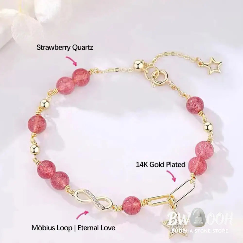 BWOOOH 14K Gold Plated Natural Strawberry Quartz Moonstone Möbius Loop Eternal Love Star Positive Bracelet