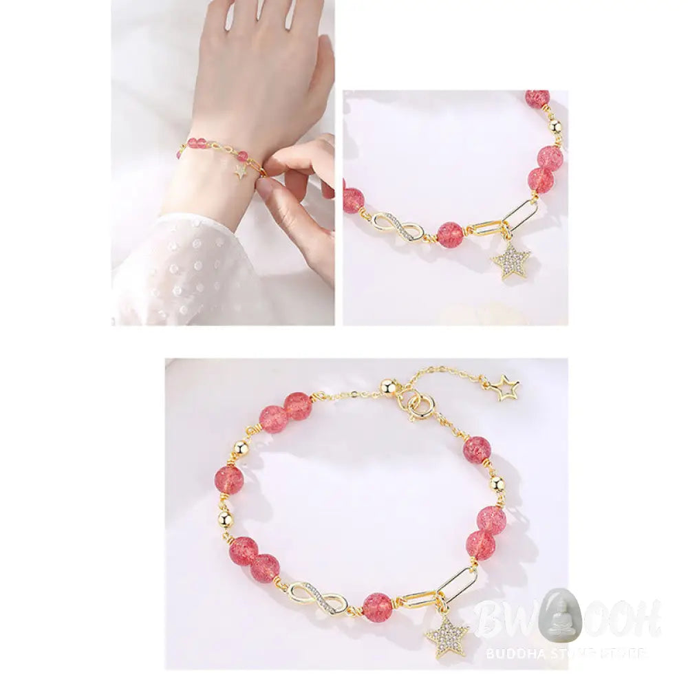 BWOOOH 14K Gold Plated Natural Strawberry Quartz Moonstone Möbius Loop Eternal Love Star Positive Bracelet