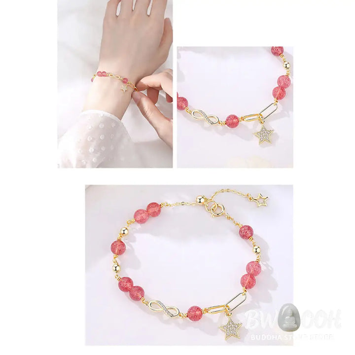 BWOOOH 14K Gold Plated Natural Strawberry Quartz Moonstone Möbius Loop Eternal Love Star Positive Bracelet