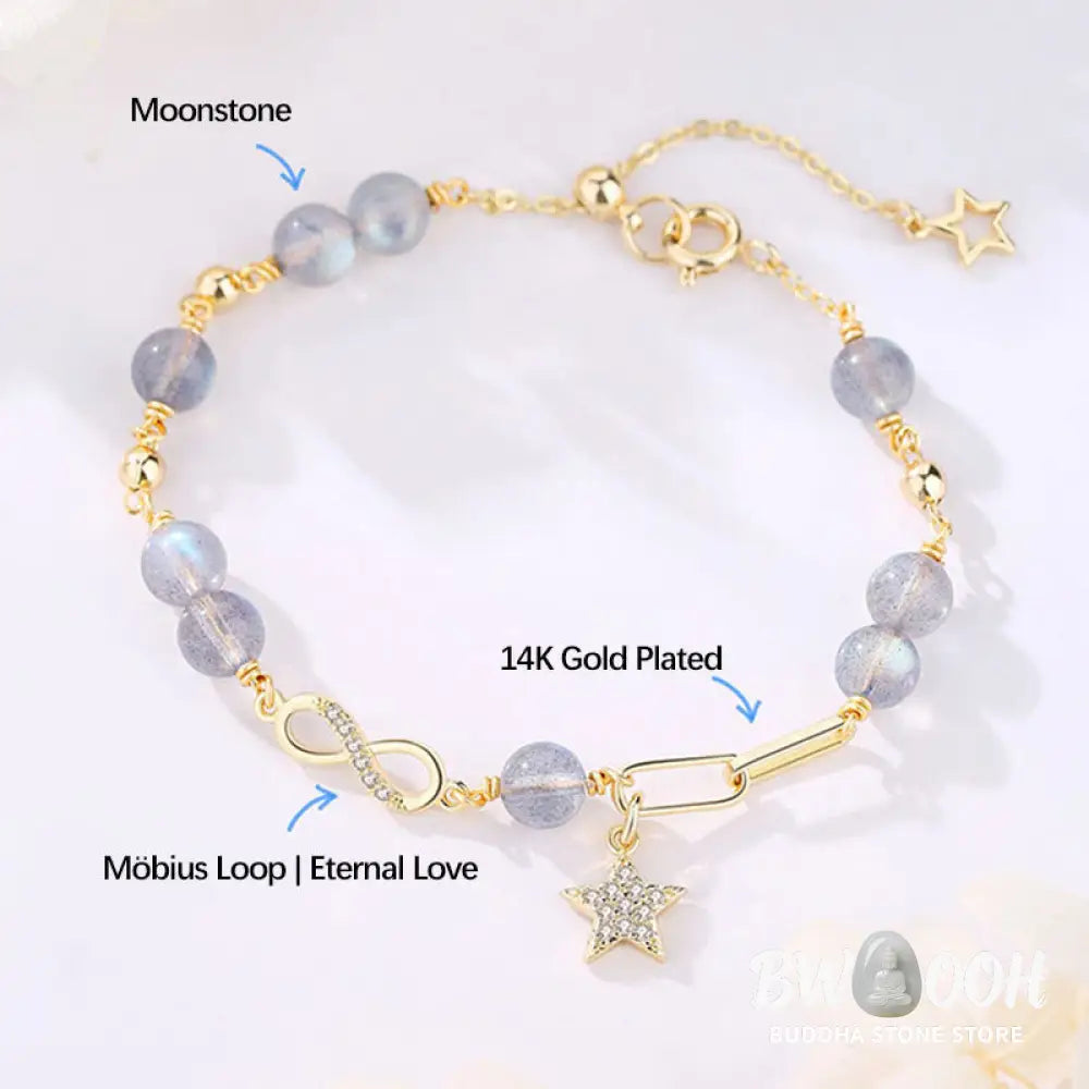 BWOOOH 14K Gold Plated Natural Strawberry Quartz Moonstone Möbius Loop Eternal Love Star Positive Bracelet