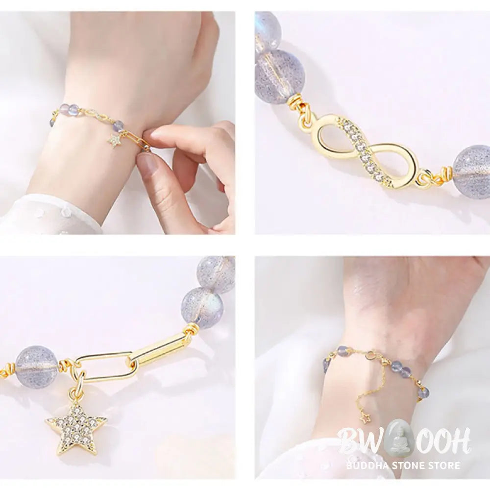 BWOOOH 14K Gold Plated Natural Strawberry Quartz Moonstone Möbius Loop Eternal Love Star Positive Bracelet