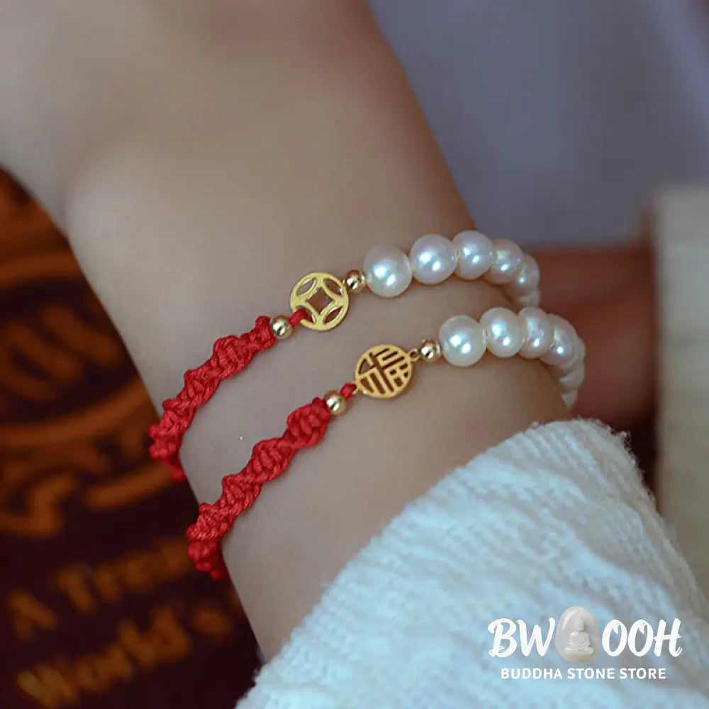 Buddha Stones 14K Gold Plated Pearl Bead Luck Protection Braid Red String Bracelet - BWOOOH - Bracelet