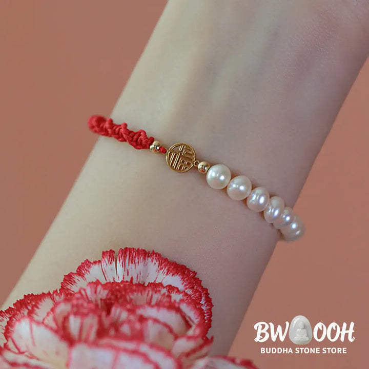 Buddha Stones 14K Gold Plated Pearl Bead Luck Protection Braid Red String Bracelet - BWOOOH - Bracelet