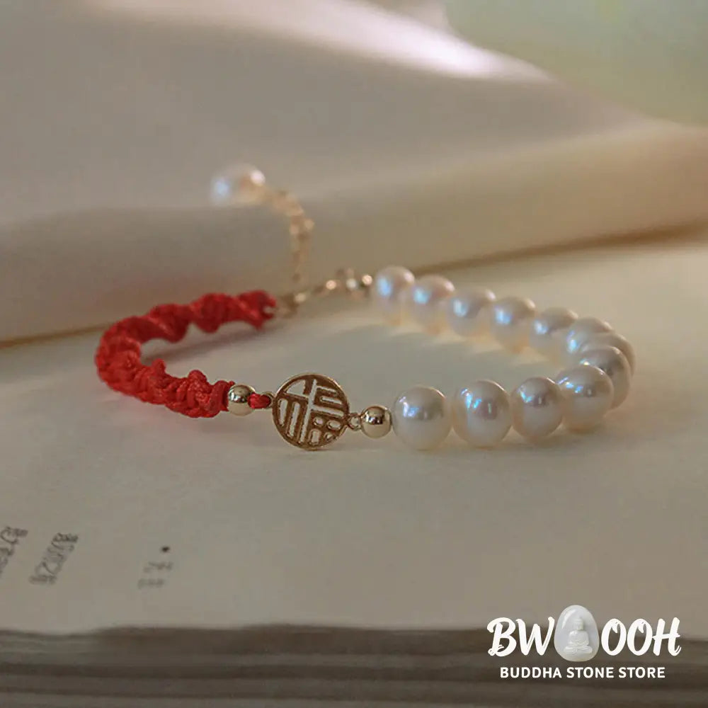 Buddha Stones 14K Gold Plated Pearl Bead Luck Protection Braid Red String Bracelet - BWOOOH - Bracelet