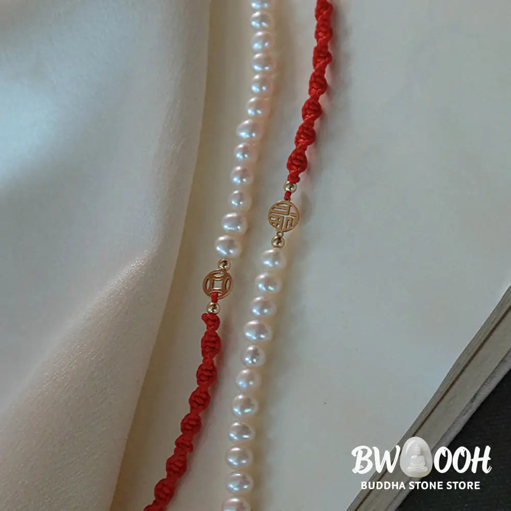 Buddha Stones 14K Gold Plated Pearl Bead Luck Protection Braid Red String Bracelet - BWOOOH - Bracelet