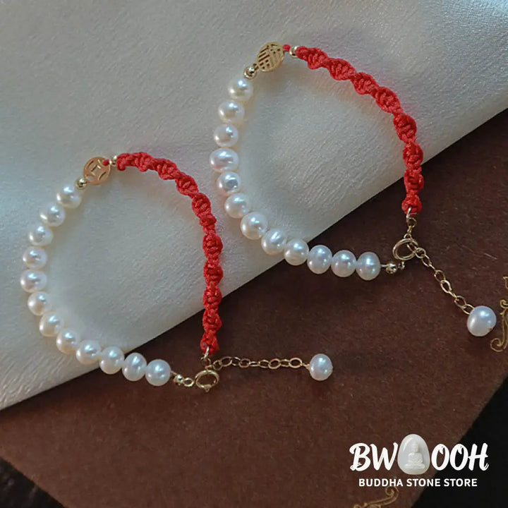 Buddha Stones 14K Gold Plated Pearl Bead Luck Protection Braid Red String Bracelet - BWOOOH - Bracelet