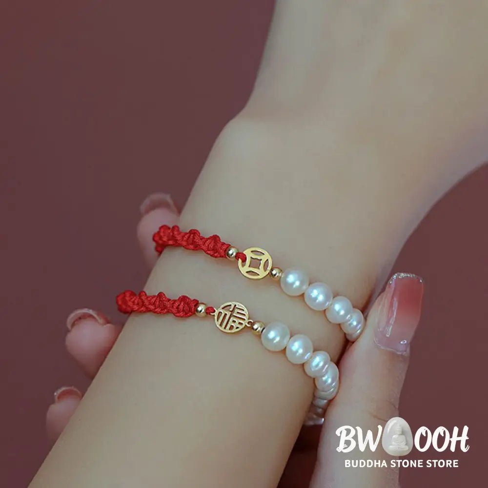 Buddha Stones 14K Gold Plated Pearl Bead Luck Protection Braid Red String Bracelet - BWOOOH - Bracelet