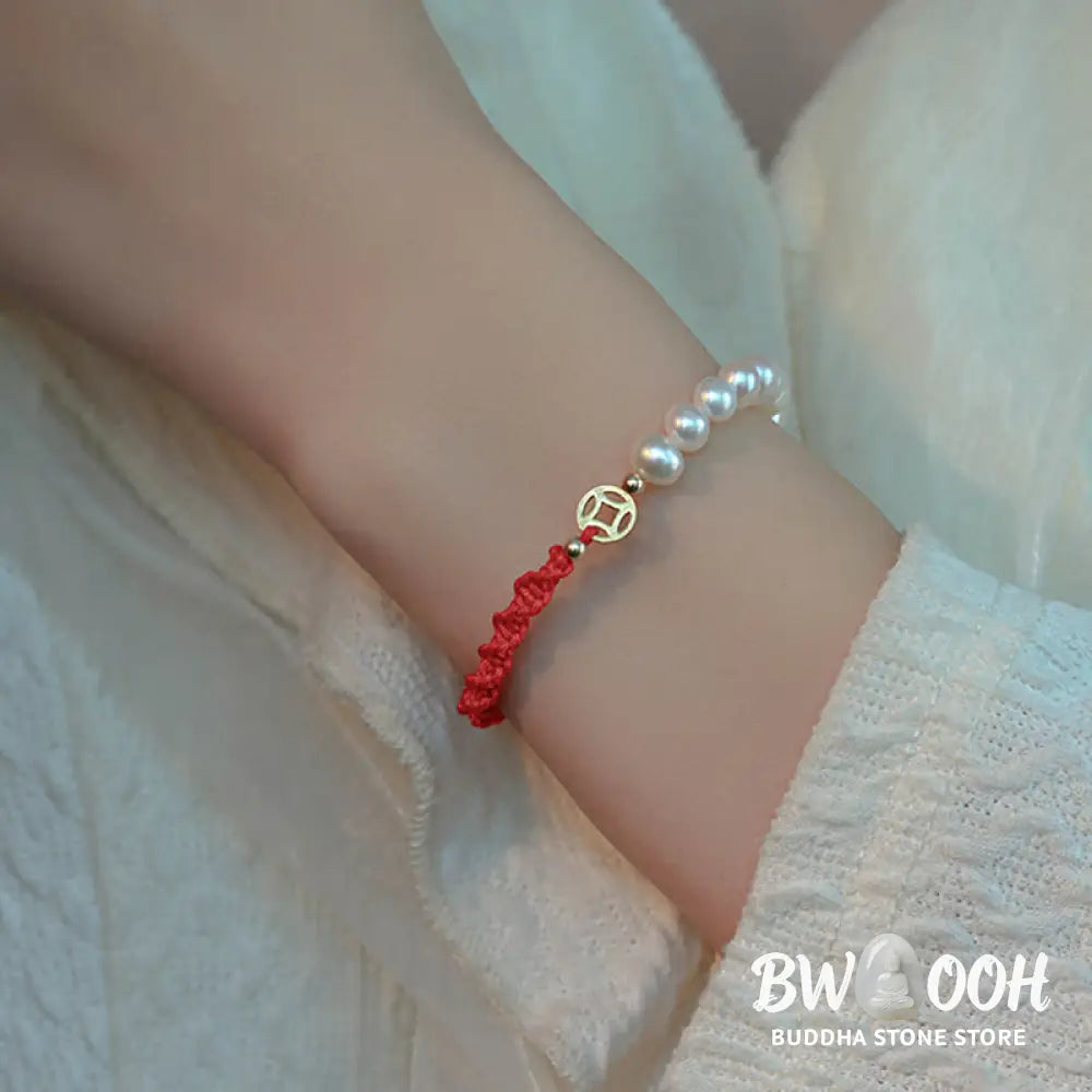 Buddha Stones 14K Gold Plated Pearl Bead Luck Protection Braid Red String Bracelet - BWOOOH - Bracelet