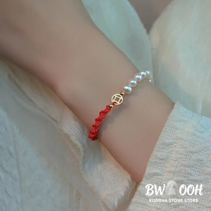 Buddha Stones 14K Gold Plated Pearl Bead Luck Protection Braid Red String Bracelet - BWOOOH - Bracelet