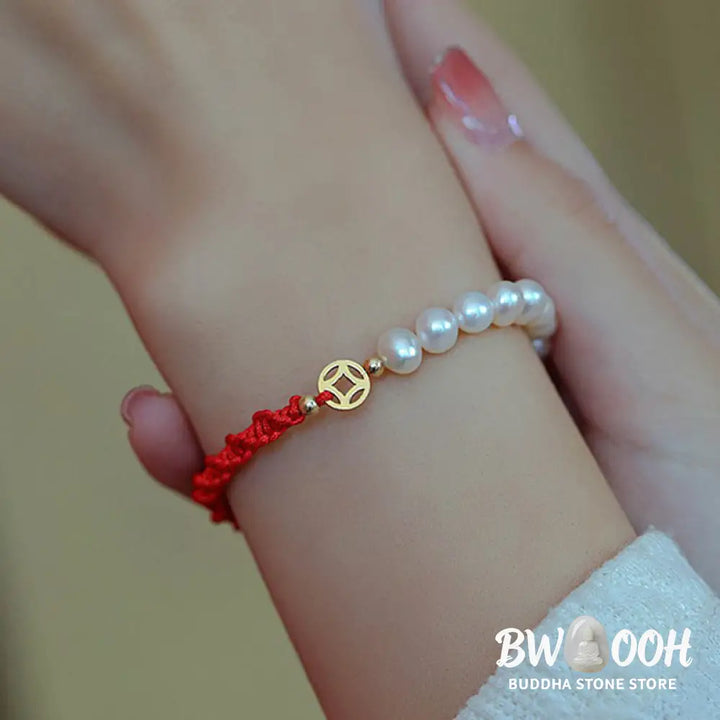 Buddha Stones 14K Gold Plated Pearl Bead Luck Protection Braid Red String Bracelet - BWOOOH - Bracelet